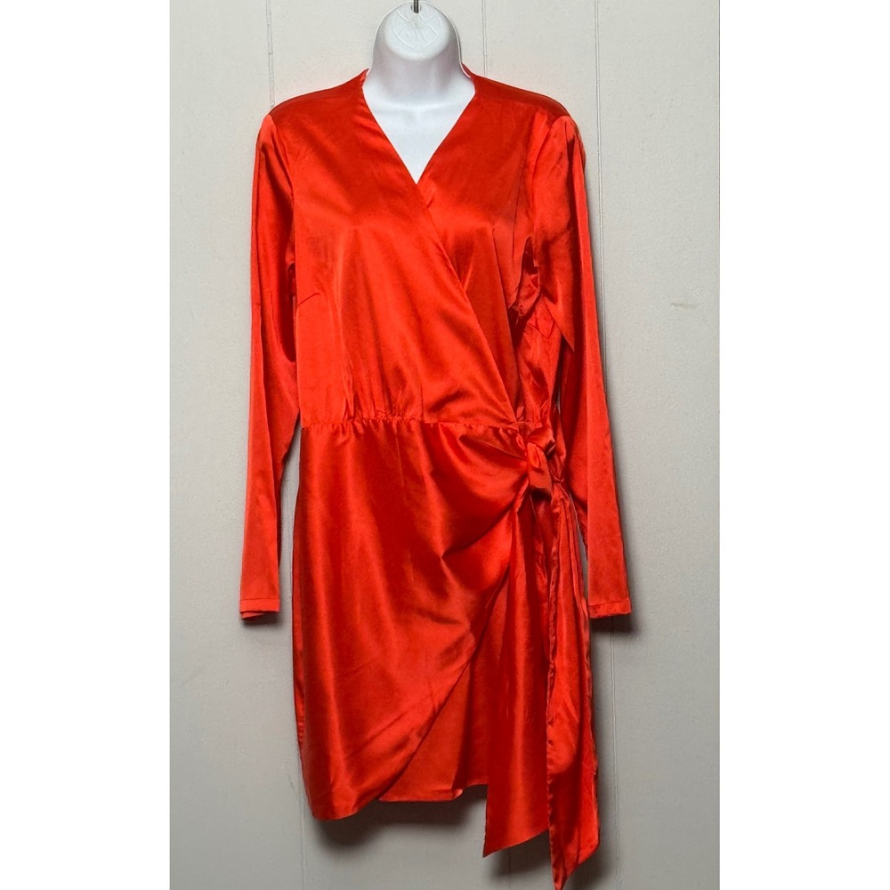Never Fully Dressed Orange Satin Wrap Mini Dress Long Sleeve V-Neck Size L
